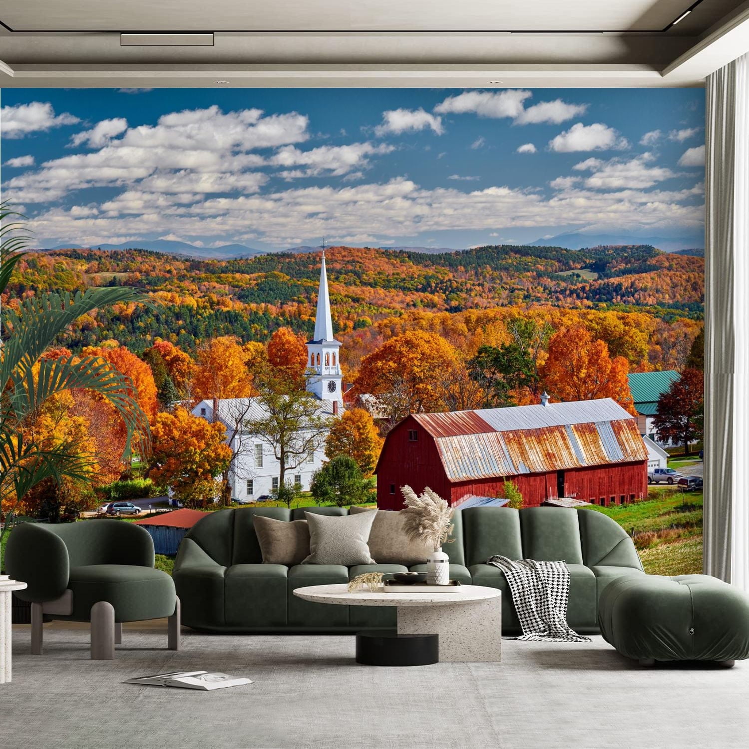 Peel and Stick Canvas Wallpaper Wall Mural Church farm red barn autumn ...