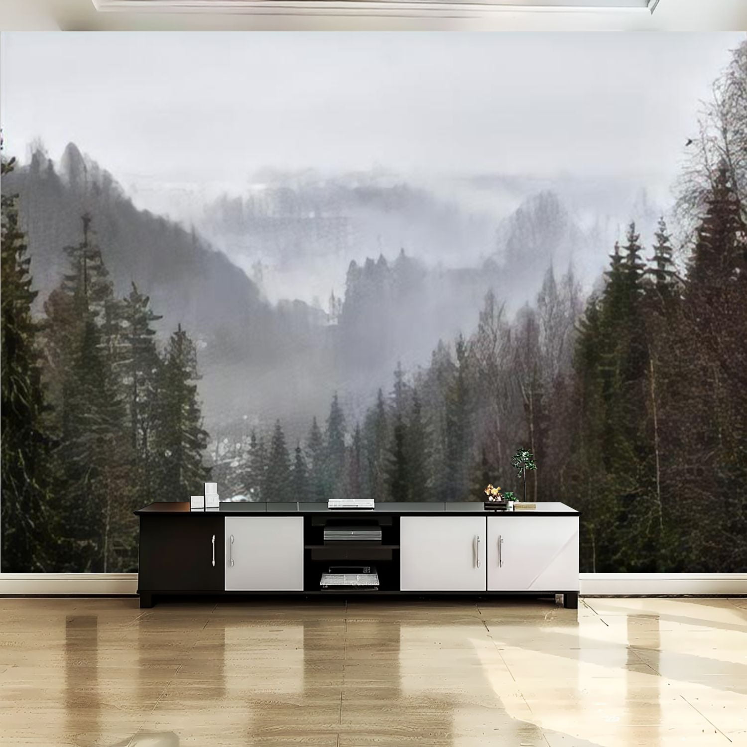 Peel and Stick Canvas Wallpaper Wall Mural Foggy misty forest Norwegian ...