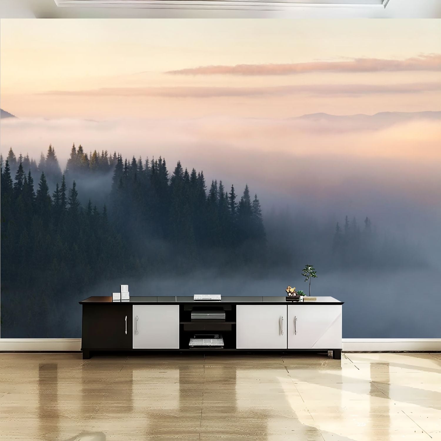 Peel and Stick Canvas Wallpaper Wall Mural Forest mountains covered fog ...