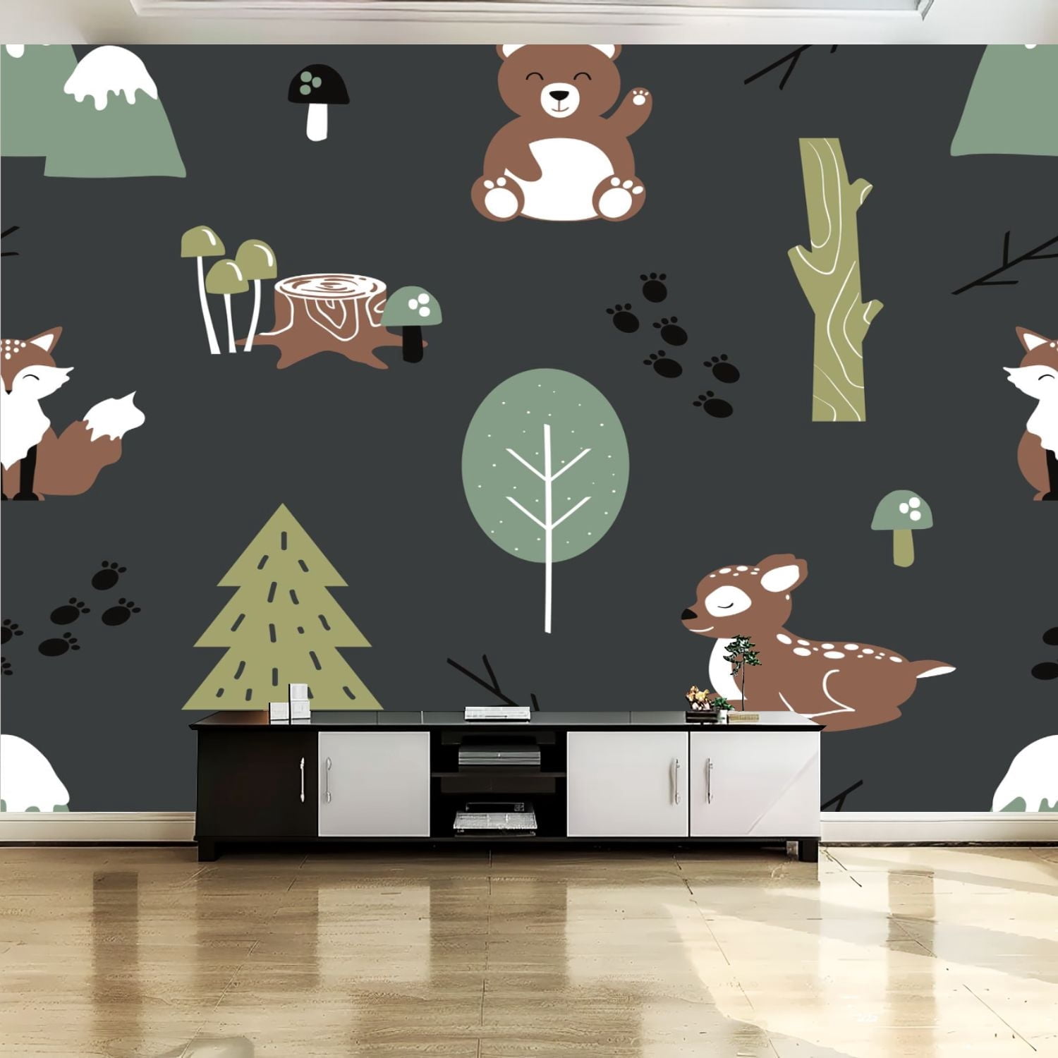 Peel and Stick Canvas Wallpaper Wall Mural Forest seamless cute animals ...