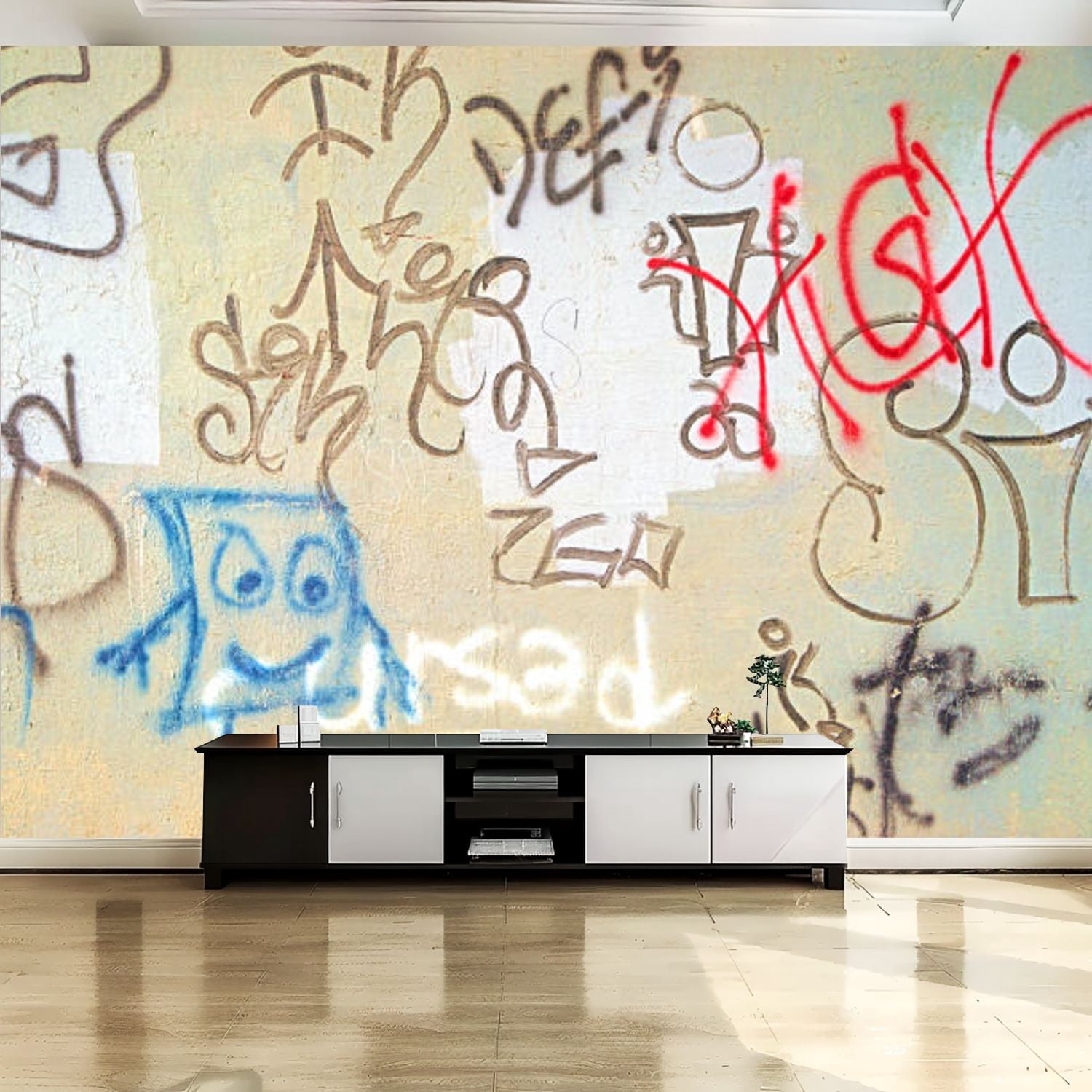 Peel and Stick Canvas Wallpaper Wall Mural Graffiti symbols concrete ...