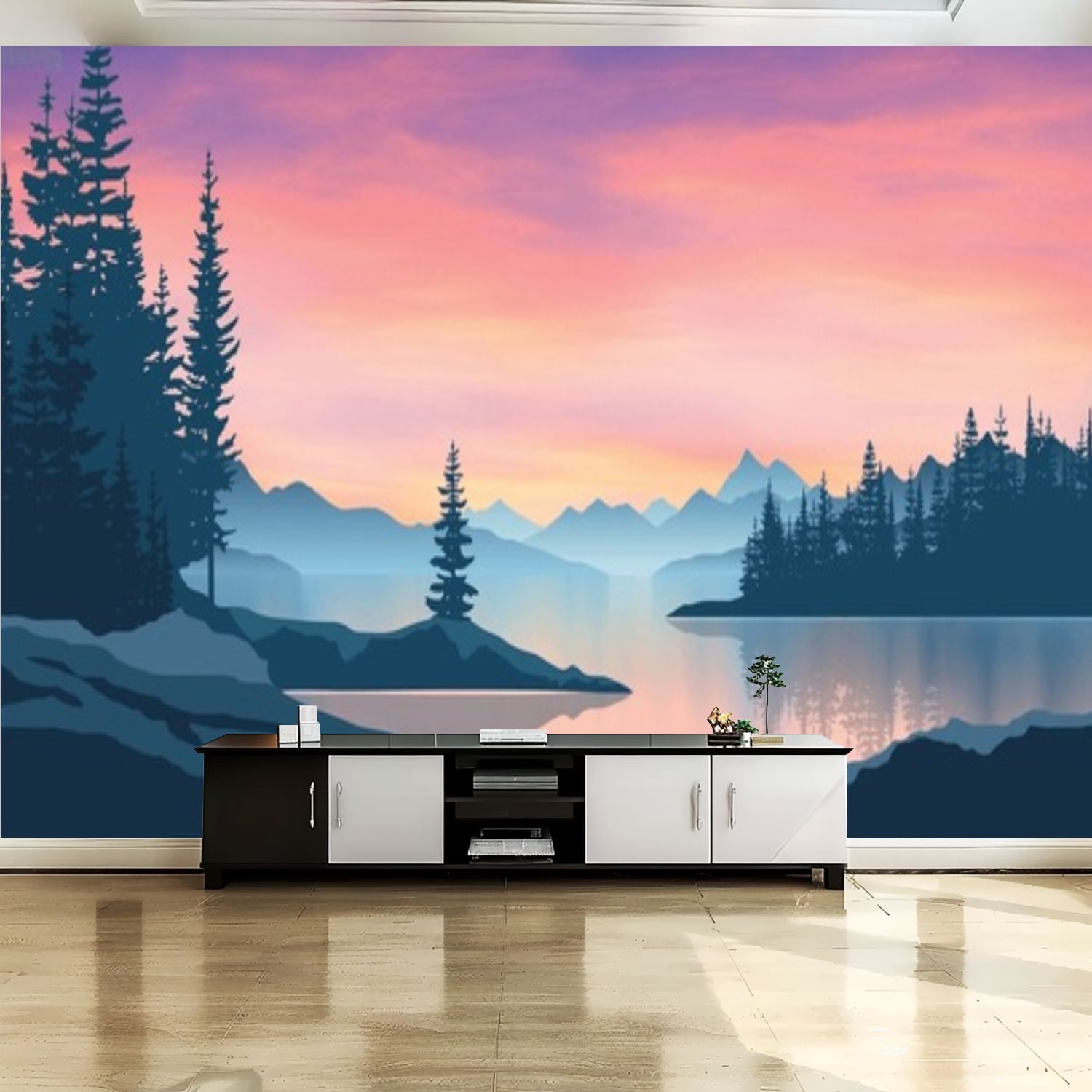 Peel and Stick Canvas Wallpaper Wall Mural Mountain lake sunset ...