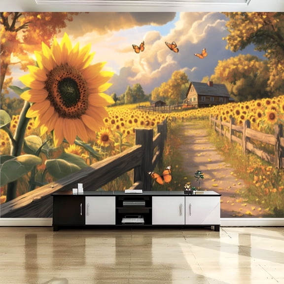 Peel and Stick Canvas Wallpaper Wall Mural Nostalgic Autumn Sunflower Scene Farmhouse Sunset Wall Art Self Adhesive and Removable 69in x 98in