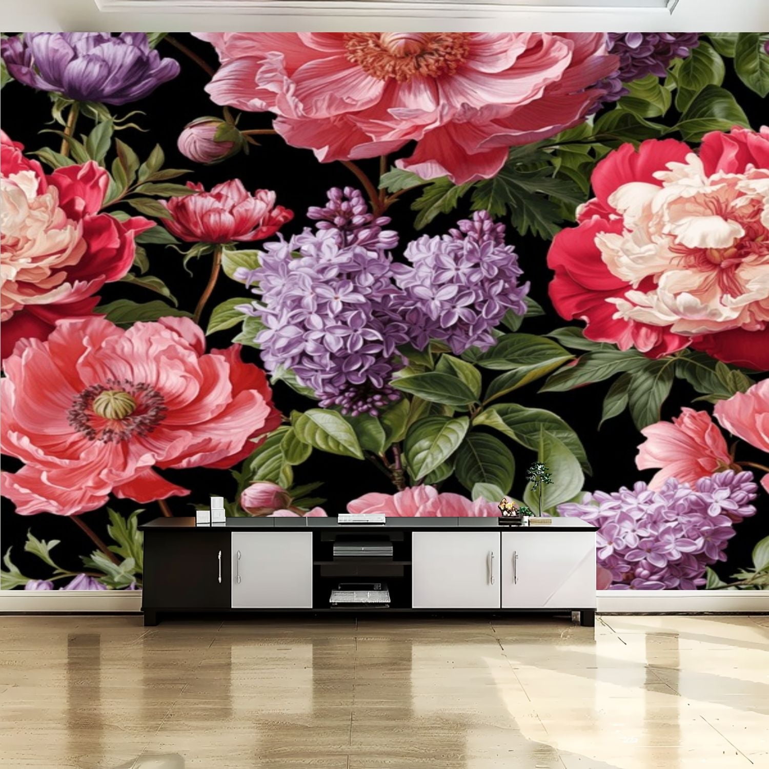 Peel and Stick Canvas Wallpaper Wall Mural Seamless pattern peony lilac ...