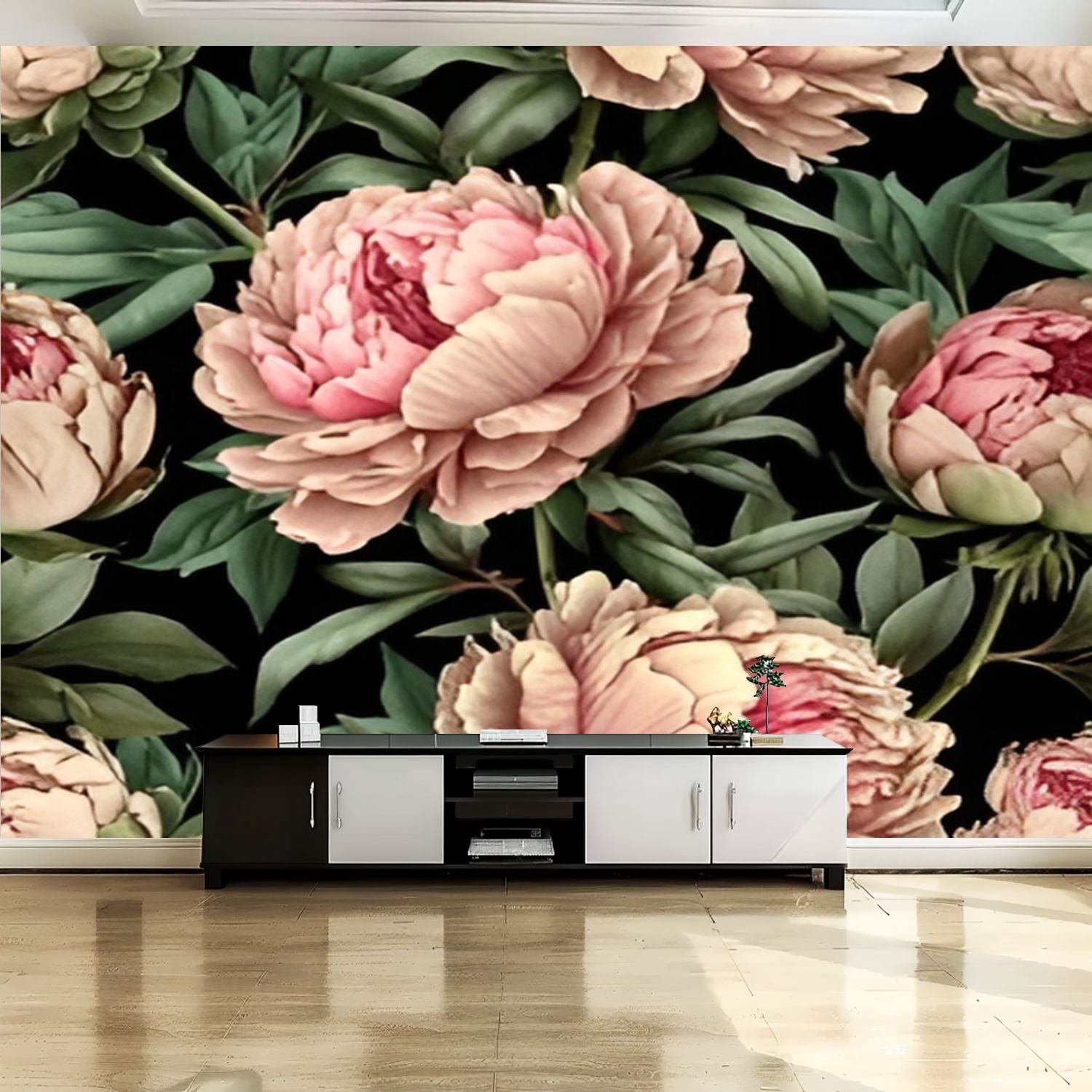 Peel and Stick Canvas Wallpaper Wall Mural Seamless pink peonies Wall ...