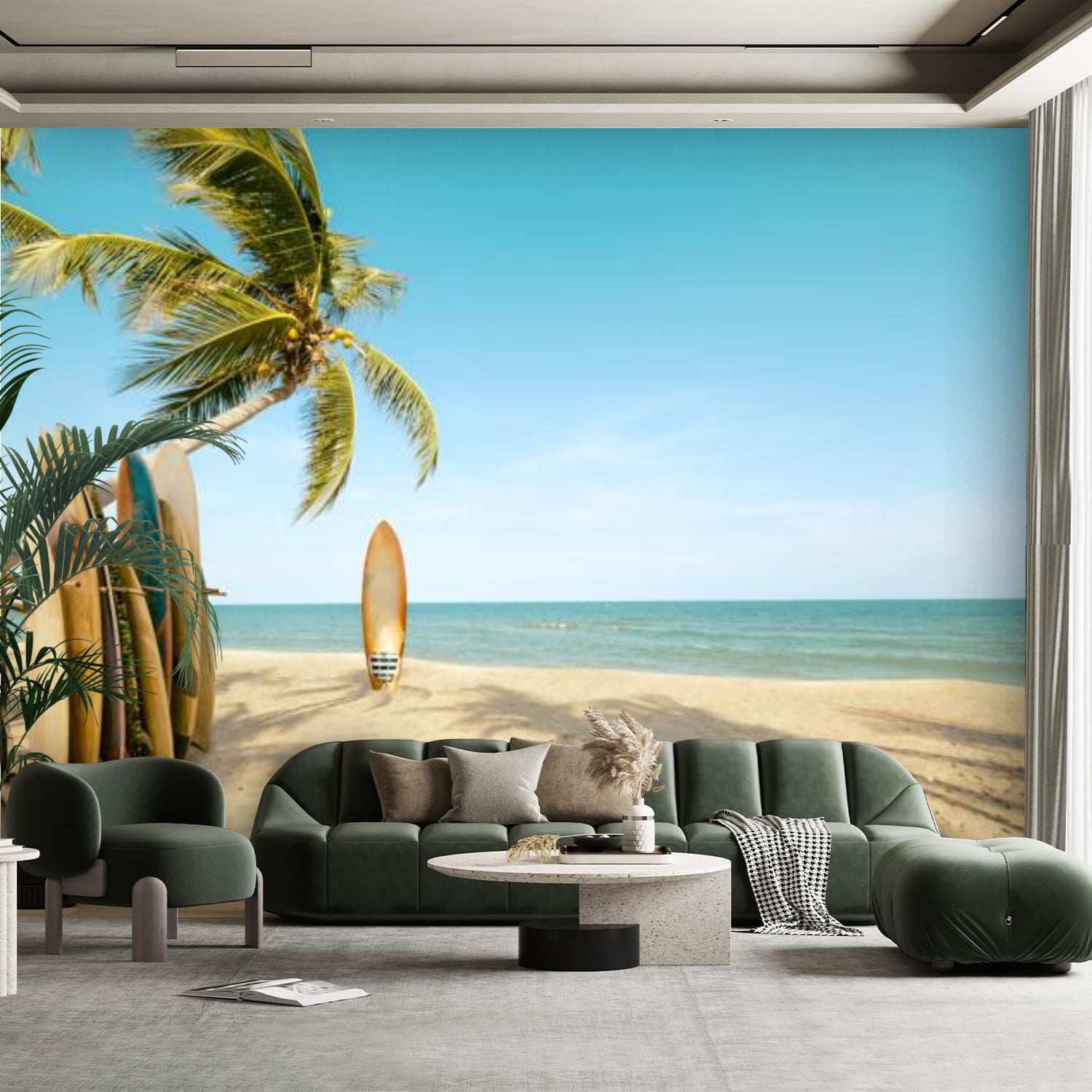 Peel and Stick Canvas Wallpaper Wall Mural Surfboard palm tree beach ...