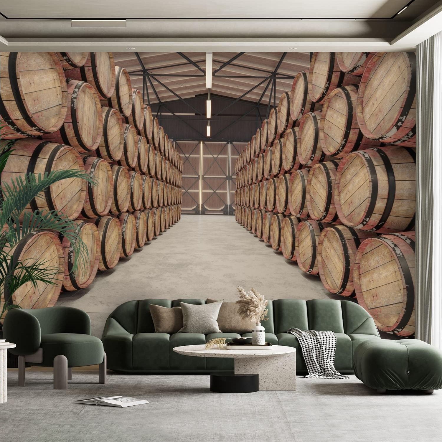 Peel and Stick Canvas Wallpaper Wall Mural Wooden barrels Warehouse ...