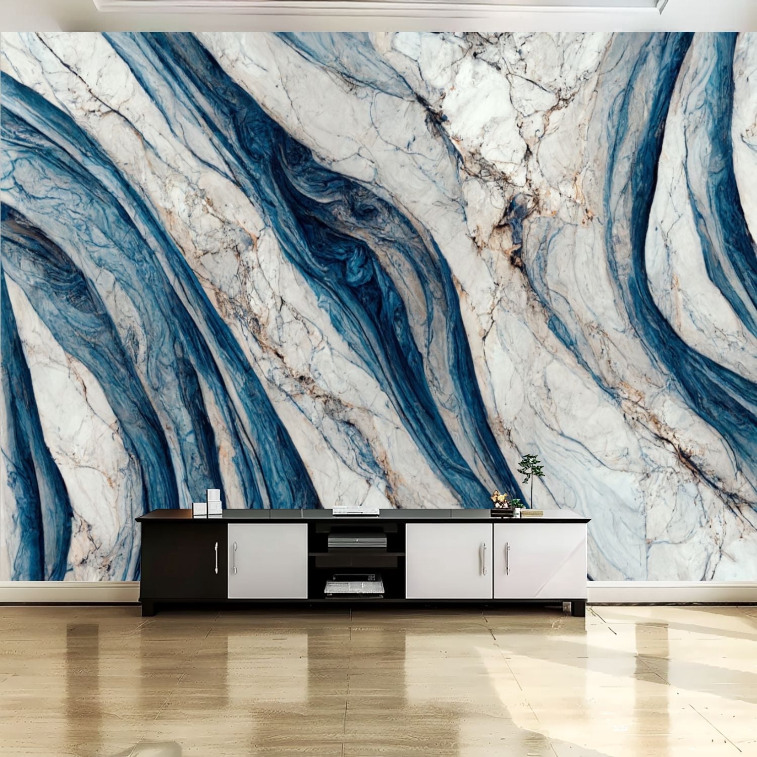 Peel and Stick Canvas Wallpaper Wall Mural beautiful marble gold blue ...
