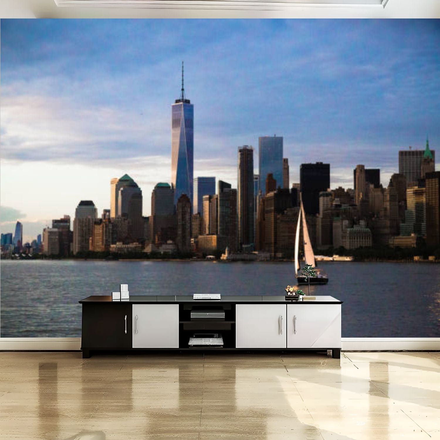 Peel and Stick Canvas Wallpaper Wall Mural skyline boat sailing New ...