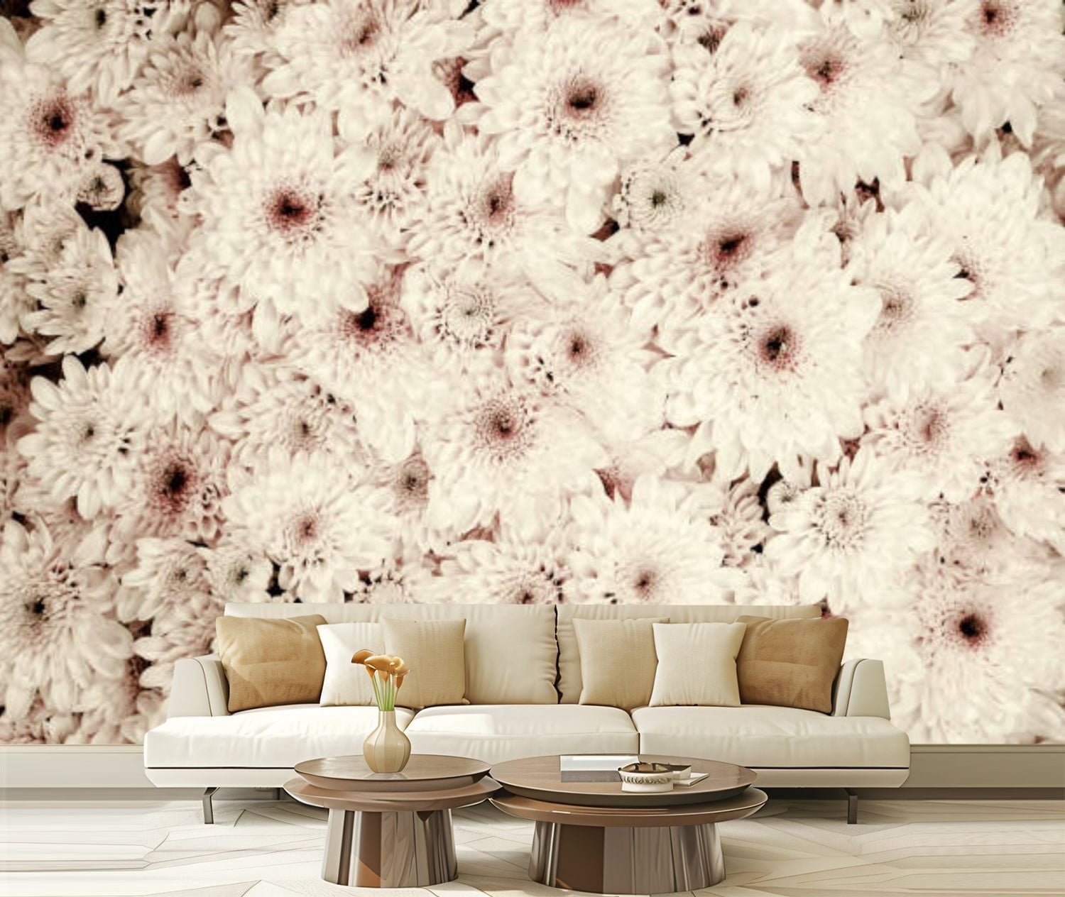 Peel and Stick Canvas Wallpaper White chrysanthemum sepia tones Floral ...