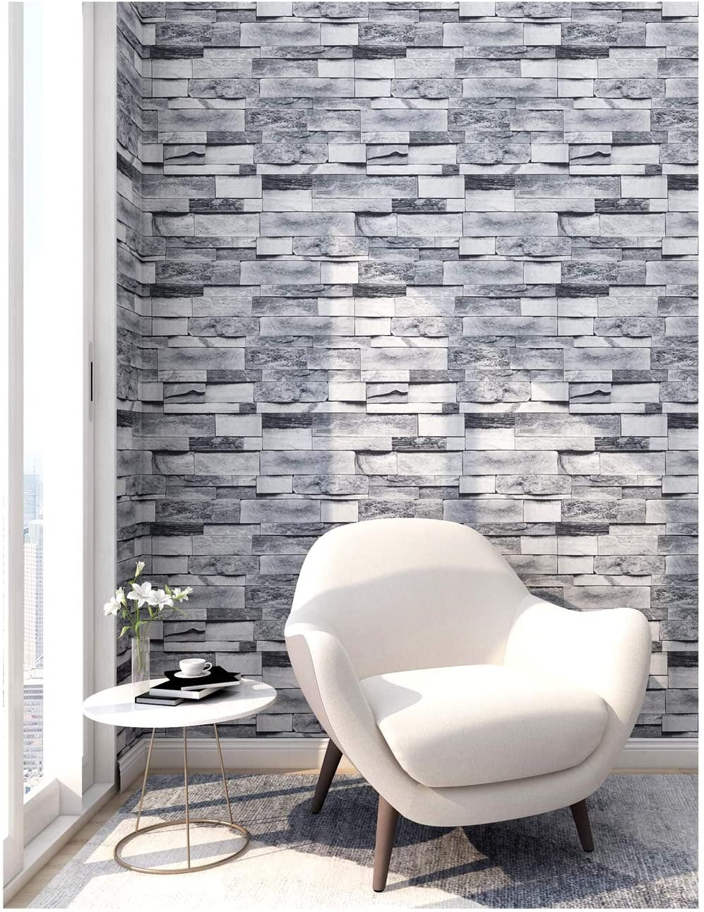 Peel and Stick Faux Brick Stone Wallpaper 17.7in x 19.7ft Gray Vinyl Self Adhesive Decorative