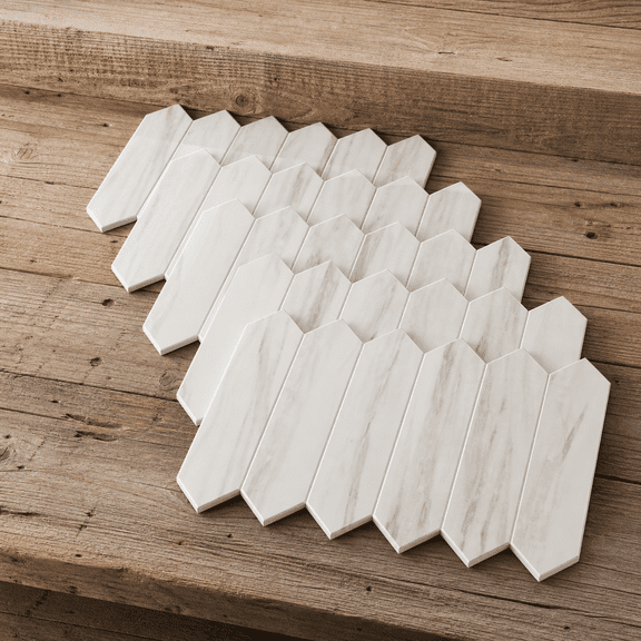Peel and Stick Mosaic Wall Tiles Glossy Wood Marble Pinkish Grain 1 Sheet for Kitchen Bathroom Fireplace