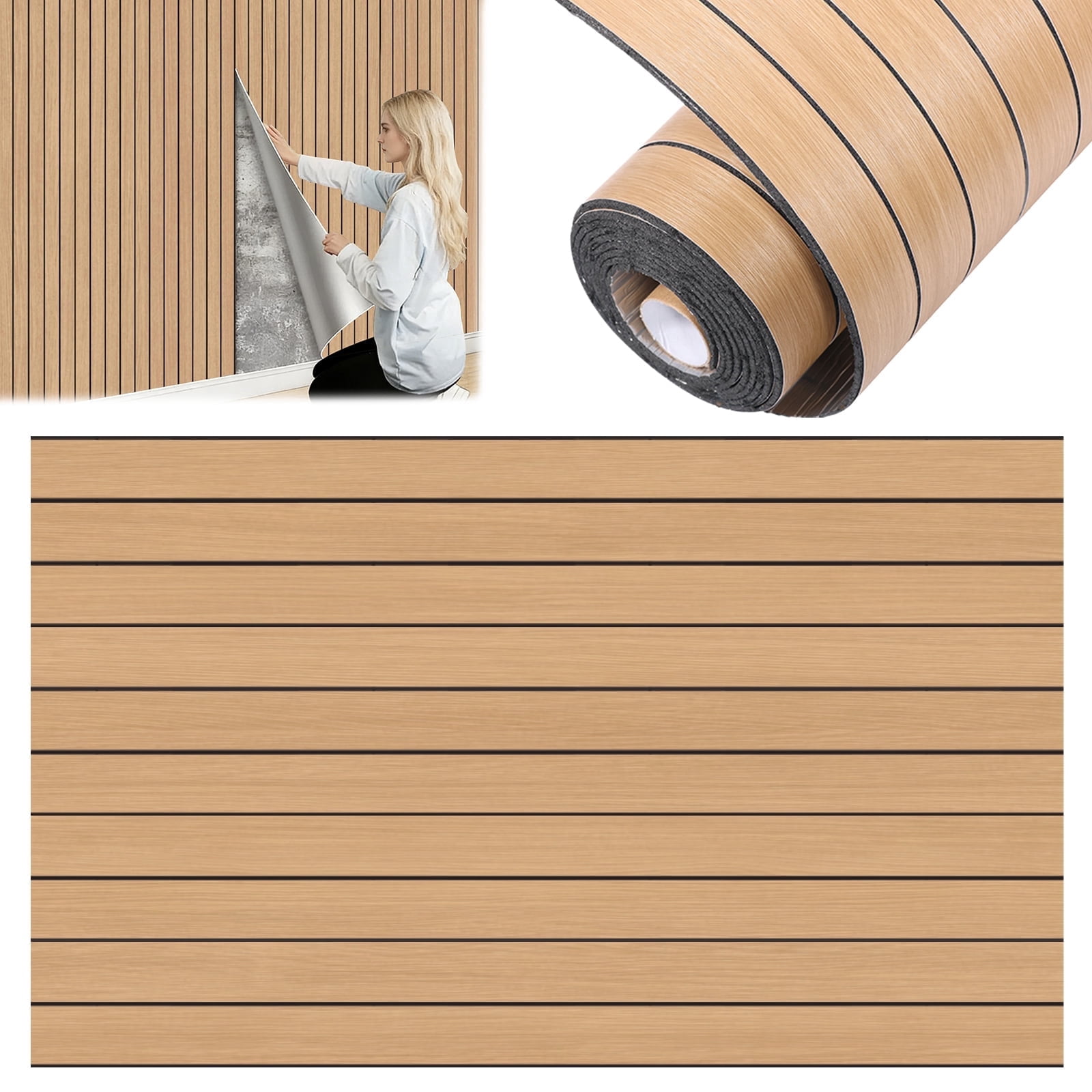 Peel and Stick PVC Slat Wall Panel, 118" x 15.75" Self Adhesive Faux Oak Wood Grain – 3D Soundproof Wall Panels for Ceilings