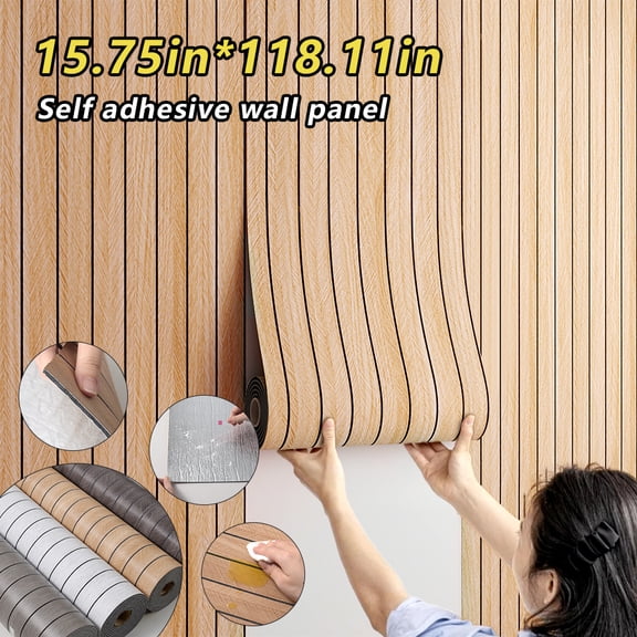 Peel and Stick PVC Slat Wall Panel 118"x15.75" Self-Adhesive Thick Faux Oak Wood Grain Wallpaper Panel 3D Soundproof Wall Panels for Walls & Ceilings