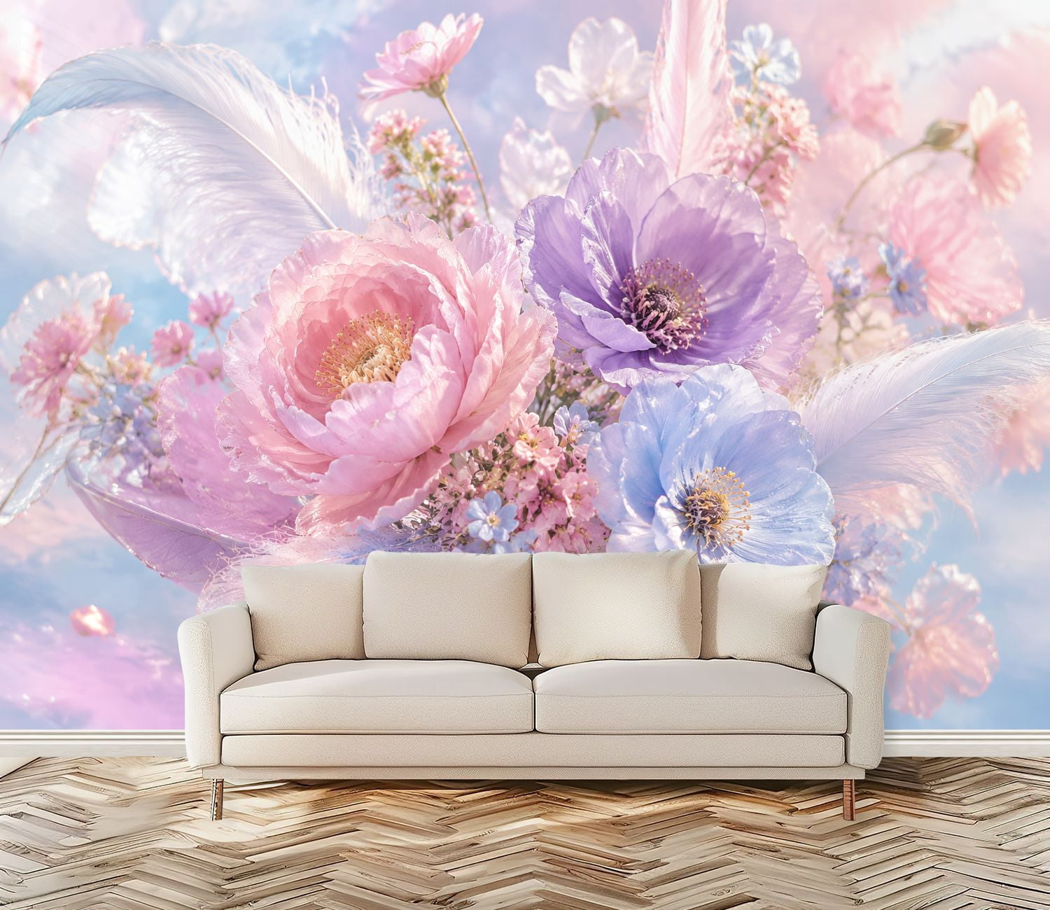 Peel and Stick Wall Mural Dreamy Floral Field Soft Pink Self-Adhesive ...