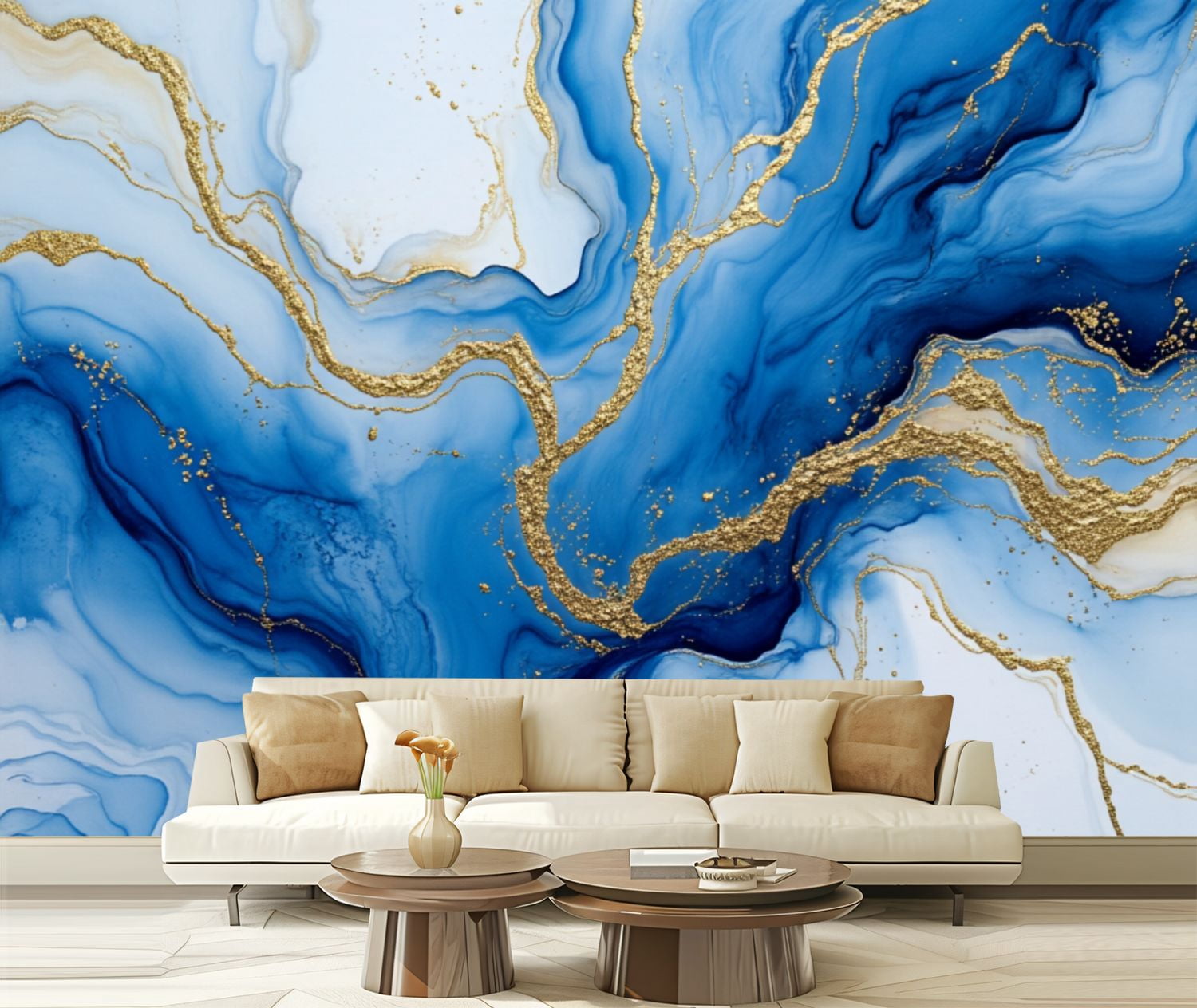 Peel and Stick Wallpaper Abstract Blue Fluid Art Gold Modern Art Wall ...