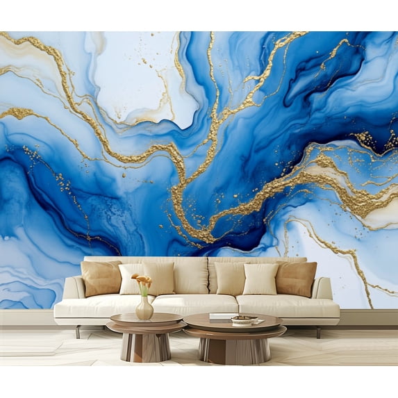 Peel and Stick Wallpaper Abstract Blue Fluid Art Gold Modern Art Wall Mural Decor Self Adhesive and Removable 69in x 98in