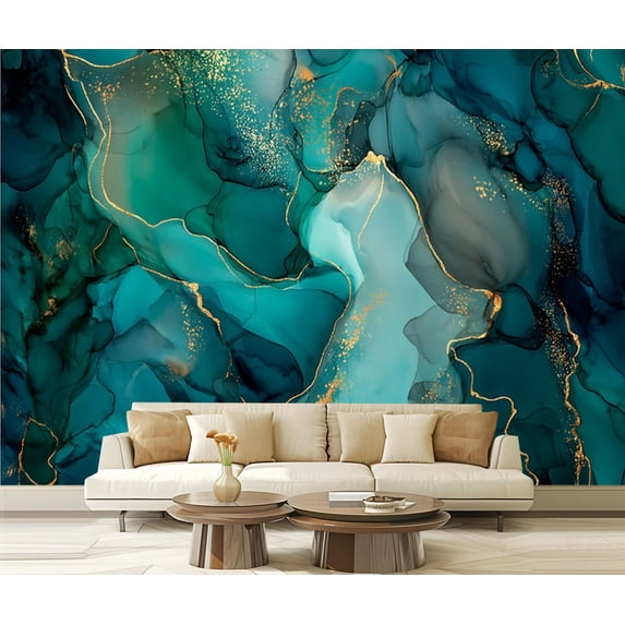Peel and Stick Wallpaper Abstract Fluid Art Teal Gold Accents Modern Art Wall Mural Decor Self Adhesive and Removable 69in x 98in
