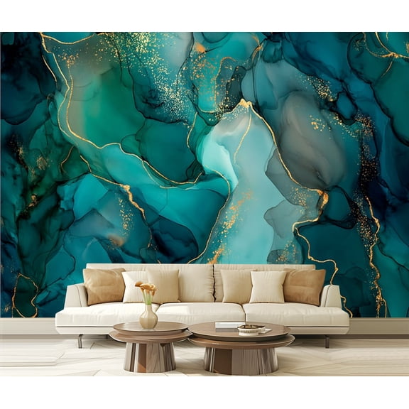 Peel and Stick Wallpaper Abstract Fluid Art Teal Gold Accents Modern Art Wall Mural Decor Self Adhesive and Removable 69in x 98in