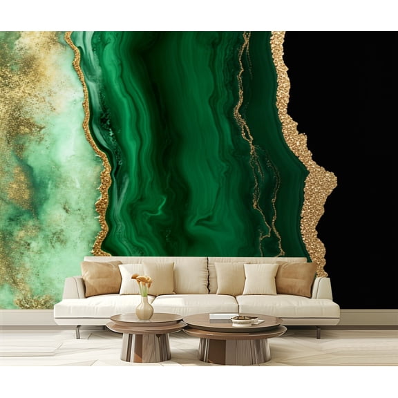 Peel and Stick Wallpaper Abstract Green Agate Stone Gold Modern Art Wall Mural Decor Self Adhesive and Removable 69in x 98in