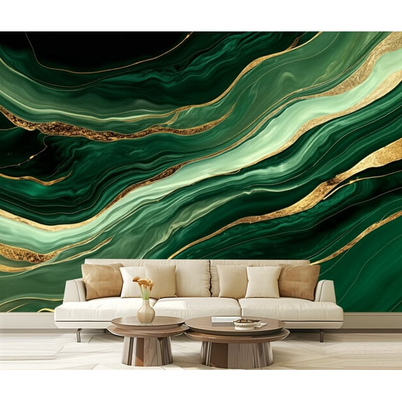 Peel and Stick Wallpaper Abstract Green Gold Marble Wave Modern Art Wall Mural Decor Self Adhesive and Removable 100in x 144in
