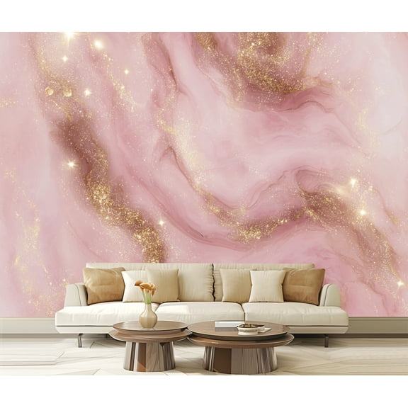 Peel and Stick Wallpaper Abstract Pink Marble Golden Sparkles Modern Art Wall Mural Decor Self Adhesive and Removable 100in x 144in
