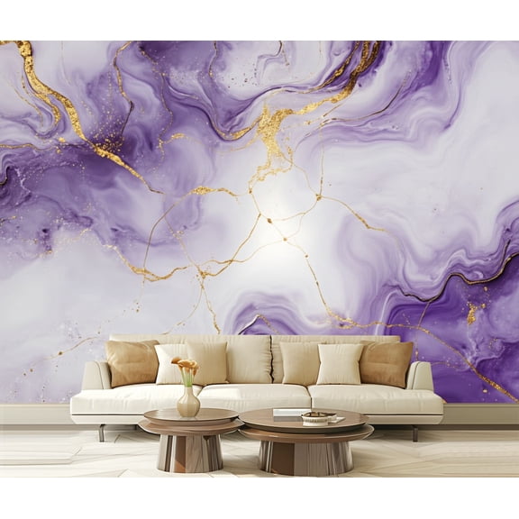 Peel and Stick Wallpaper Abstract Purple Marble Gold Veins Modern Art Wall Mural Decor Self Adhesive and Removable 100in x 144in