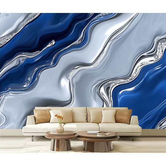 Peel and Stick Wallpaper Abstract Waves Blue Silver Fluid Modern Art Wall Mural Decor Self Adhesive and Removable 69in x 98in