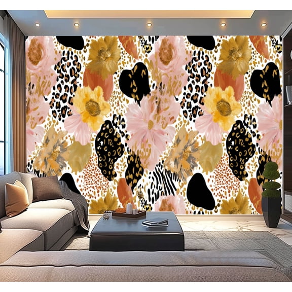 Peel and Stick Wallpaper Abstract floral flowers zebra stripes leopard skin Modern Art Wall Mural Decor Self Adhesive and Removable 100in x 144in