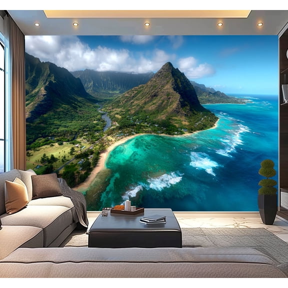 Peel and Stick Wallpaper Aerial View Kualoa area Oahu Hawaii Modern Art Wall Mural Decor Self Adhesive and Removable 100in x 144in