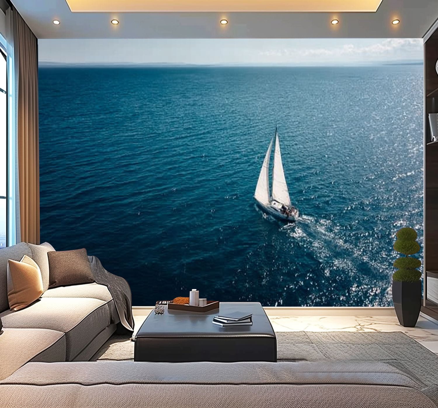 Peel and Stick Wallpaper Aerial view sailing boat Modern Art Wall Mural Decor Self Adhesive and Removable 100in x 144in