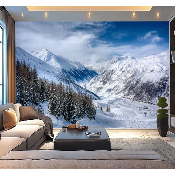 Peel and Stick Wallpaper Alpine Ski Resort Ski Slopes Winter Season Modern Art Wall Mural Decor Self Adhesive and Removable 100in x 144in