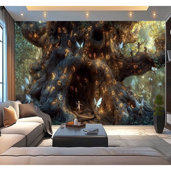 Peel and Stick Wallpaper Ancient Oak Mystical Runes Arthur Rackham Style Modern Art Wall Mural Decor Self Adhesive and Removable 100in x 144in