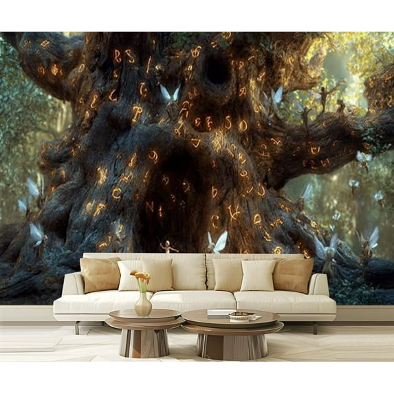 Peel and Stick Wallpaper Ancient Oak Mystical Runes Arthur Rackham Style Modern Art Wall Mural Decor Self Adhesive and Removable 69in x 98in