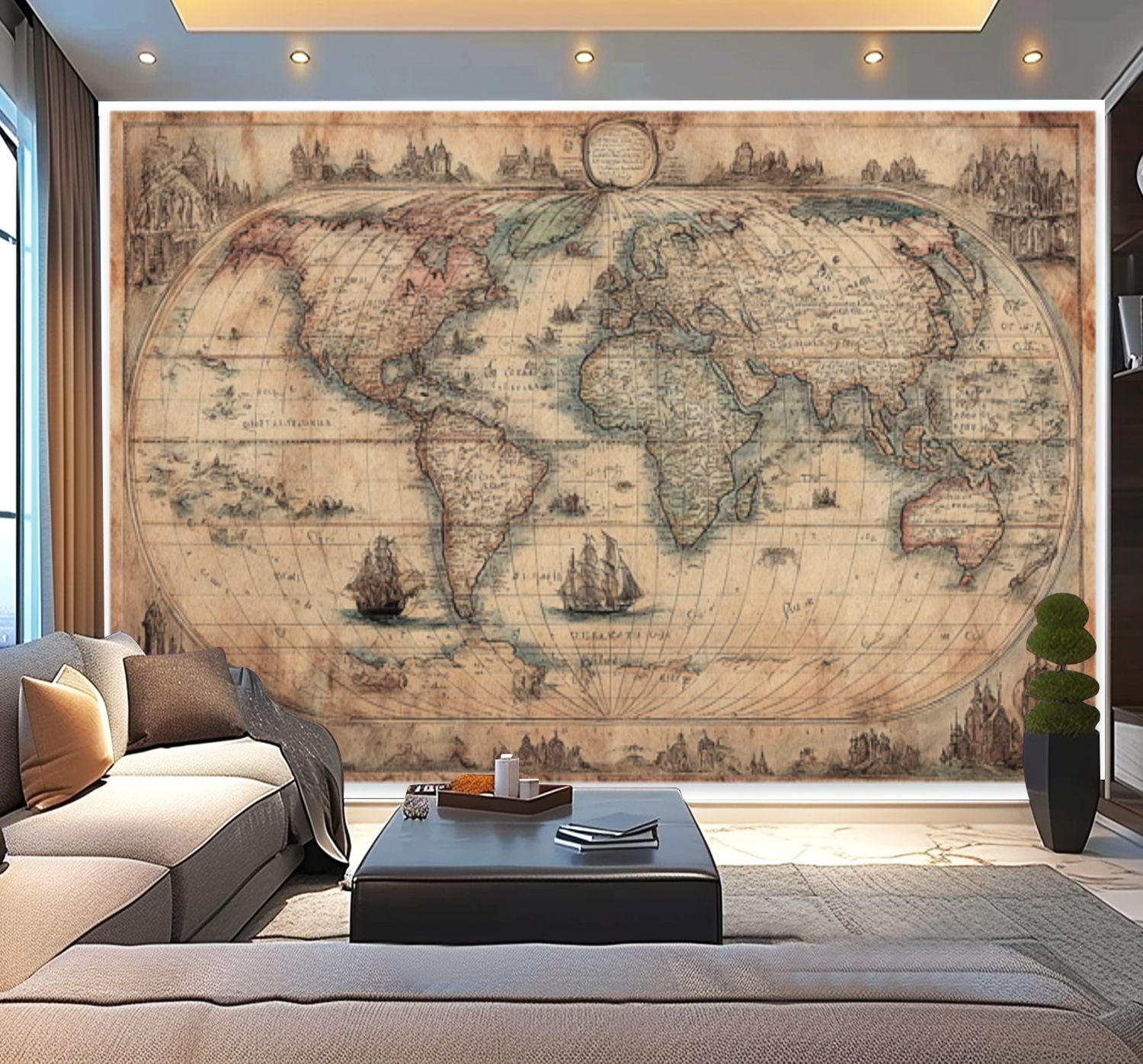 Peel and Stick Wallpaper Antique World Map Detailed Cartography Sailing Ships Modern Art Wall Mural Decor Self Adhesive and Removable 100in x 144in