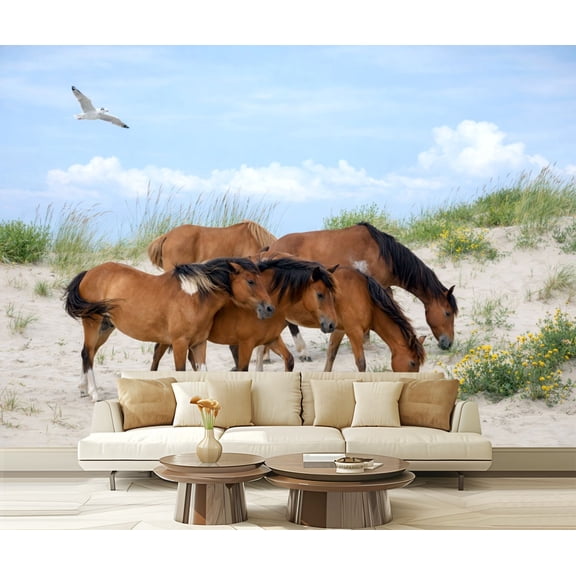 Peel and Stick Wallpaper Assateague Wild Ponies Beach Modern Art Wall Mural Decor Self Adhesive and Removable 69in x 98in
