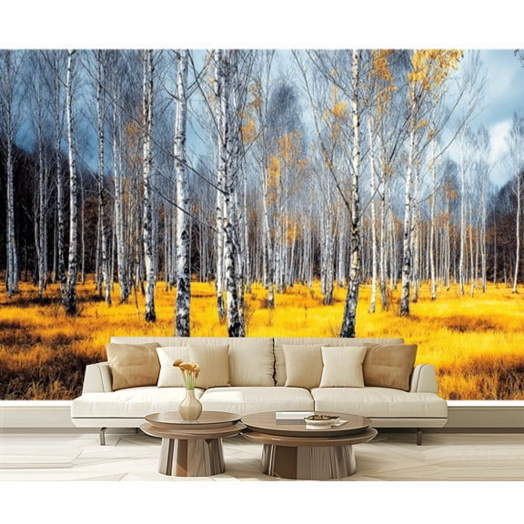 Peel and Stick Wallpaper Autumn Birch Forest Golden Grass Cloudy Sky Modern Art Wall Mural Decor Self Adhesive and Removable 69in x 98in
