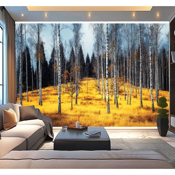 Peel and Stick Wallpaper Autumn Forest Birch Trees Golden Grass Landscape Modern Art Wall Mural Decor Self Adhesive and Removable 100in x 144in