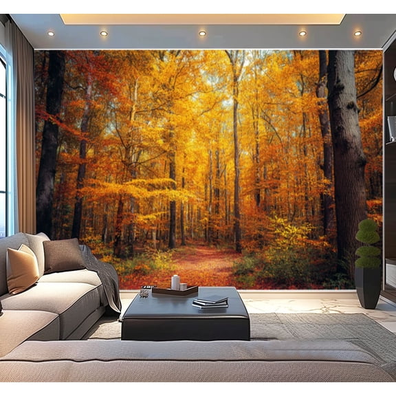 Peel and Stick Wallpaper Autumn Forest Golden Orange Leaves Trees Pathway Modern Art Wall Mural Decor Self Adhesive and Removable 100in x 144in