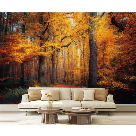 Peel and Stick Wallpaper Autumn Forest Path Vibrant Orange Yellow Leaves Modern Art Wall Mural Decor Self Adhesive and Removable 69in x 98in