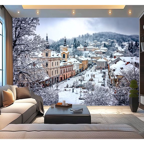 Peel and Stick Wallpaper Banska Stiavnica town winter Modern Art Wall Mural Decor Self Adhesive and Removable 100in x 144in