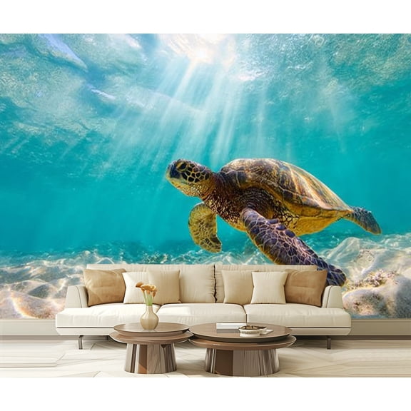 Peel and Stick Wallpaper Beautiful Hawaiian Green Sea Turtle Modern Art Wall Mural Decor Self Adhesive and Removable 69in x 98in