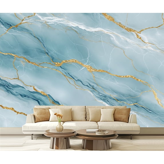 Peel and Stick Wallpaper Blue Gold Marble Texture Modern Art Wall Mural Decor Self Adhesive and Removable 100in x 144in