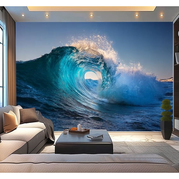 Peel and Stick Wallpaper Blue ocean wave cresting morning light Modern Art Wall Mural Decor Self Adhesive and Removable 100in x 144in