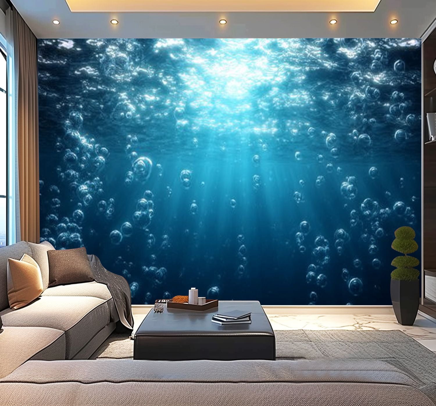 Peel and Stick Wallpaper Blue ocean waves from underwater bubbles Modern Art Wall Mural Decor Self Adhesive and Removable 100in x 144in