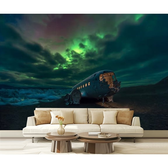 Peel and Stick Wallpaper Borealis 1950s Plane Wreck an Icelandic Meadow Modern Art Wall Mural Decor Self Adhesive and Removable 69in x 98in