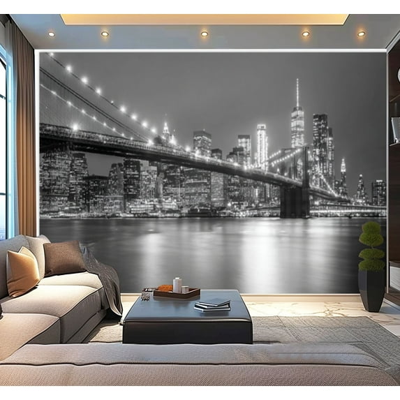 Peel and Stick Wallpaper Brooklyn Bridge Night Skyline Black White Photography Modern Art Wall Mural Decor Self Adhesive and Removable 100in x 144in