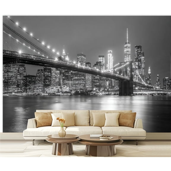 Peel and Stick Wallpaper Brooklyn Bridge Night Skyline Black White Photography Modern Art Wall Mural Decor Self Adhesive and Removable 69in x 98in