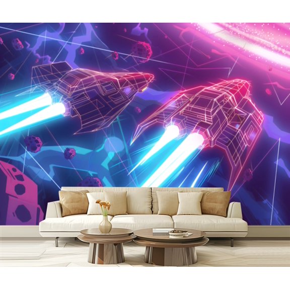 Peel and Stick Wallpaper Canvas 80s Arcade War Neon Line Art Encounter Modern Art Wall Mural Decor Self Adhesive and Removable 69in x 98in