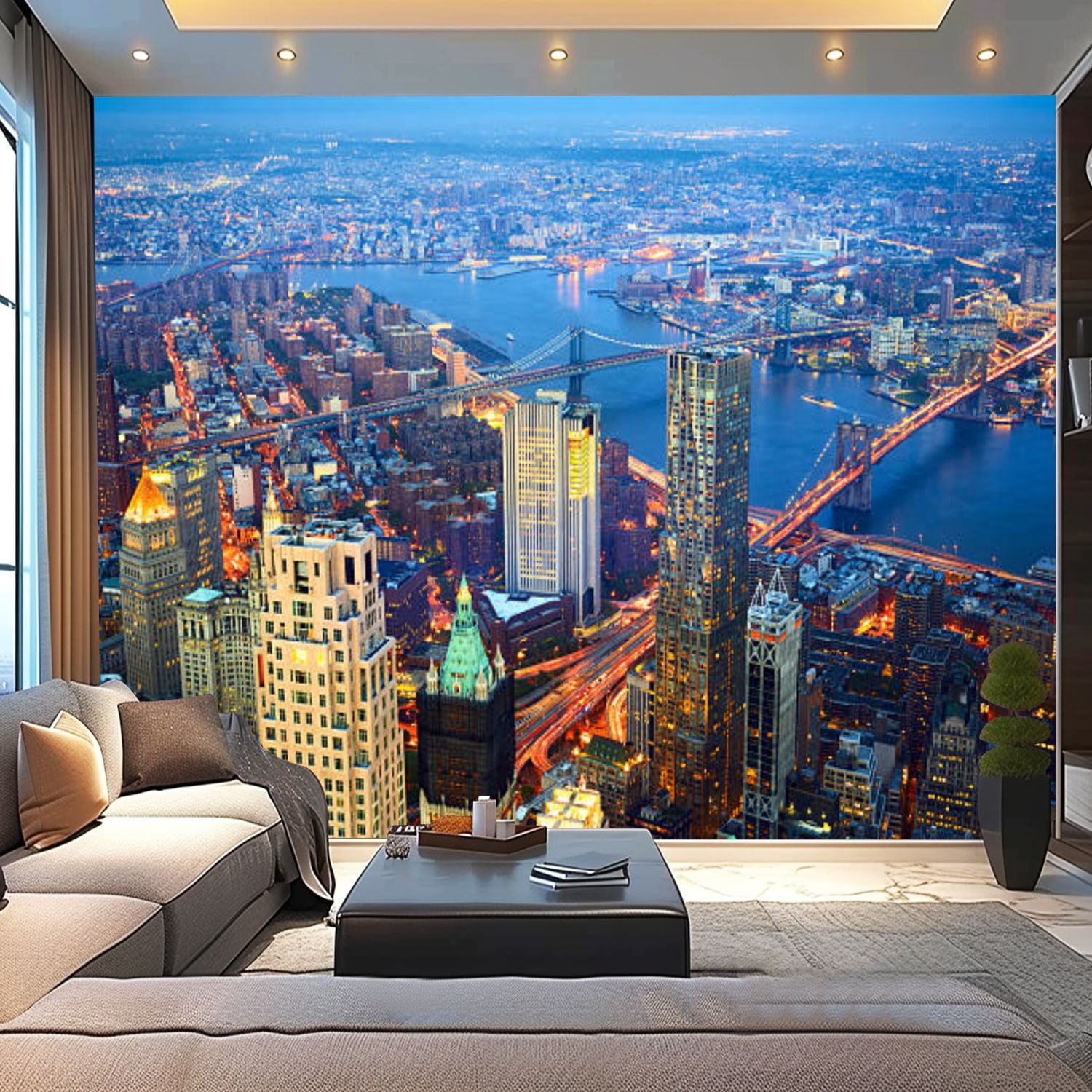Peel and Stick Wallpaper Canvas Aerial view New York City dusk Modern ...
